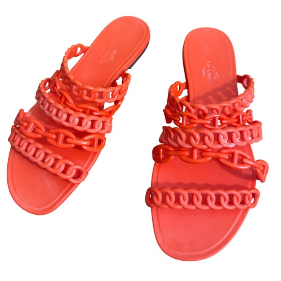 Hermes Shoes - Hermes Rivage Orange Chaine dAncre Jelly Slide Sandals TPU Made in Italy Size 37